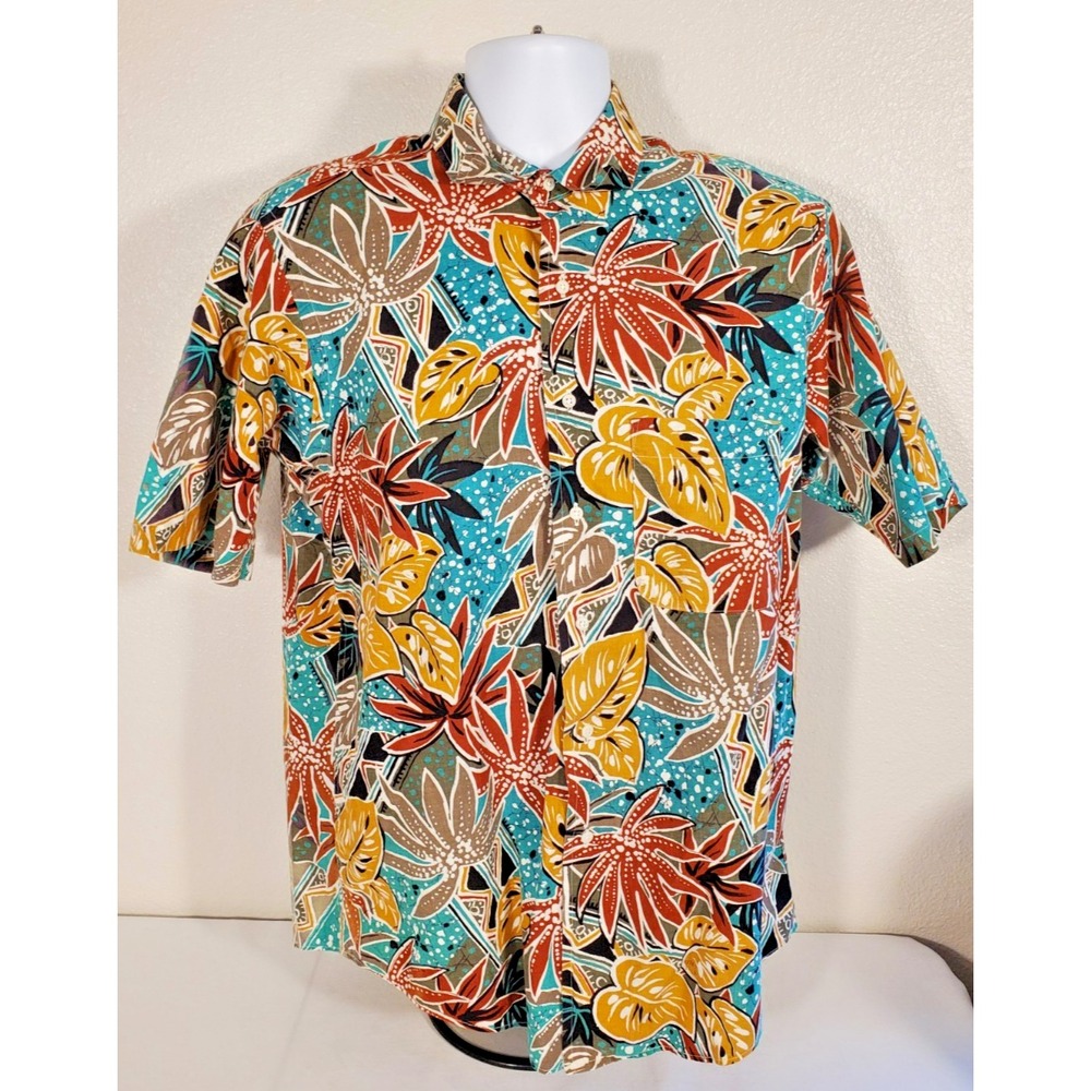 Vtg SANSABELT‎ Shop L Button Down Hawaiian Floral Luau Camp Shirt Made IN USA